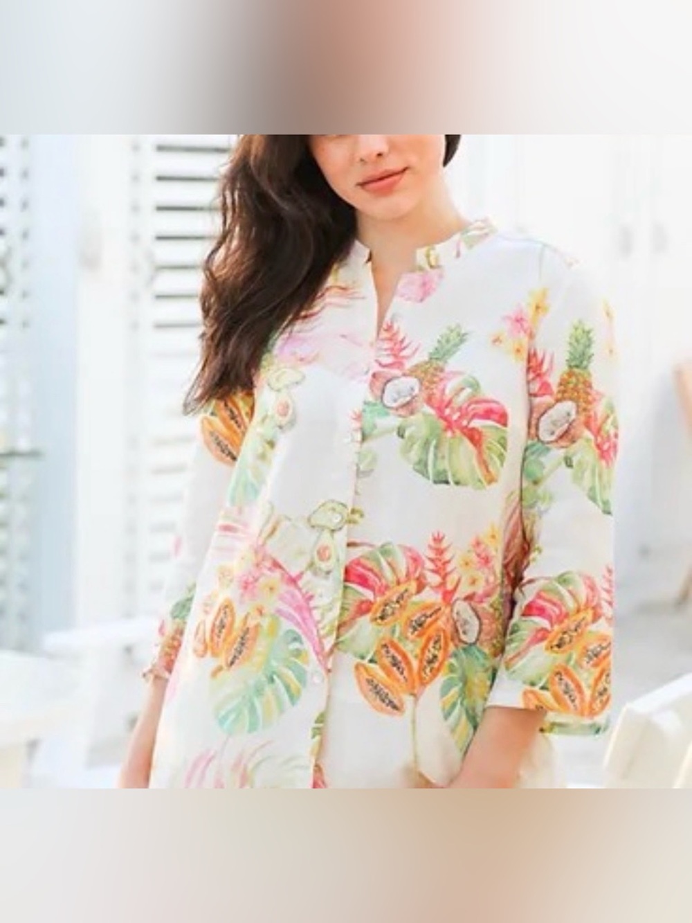 iLinen Tropical Fruit & Palm Leaf Linen Tunic Shirt European Linen Large